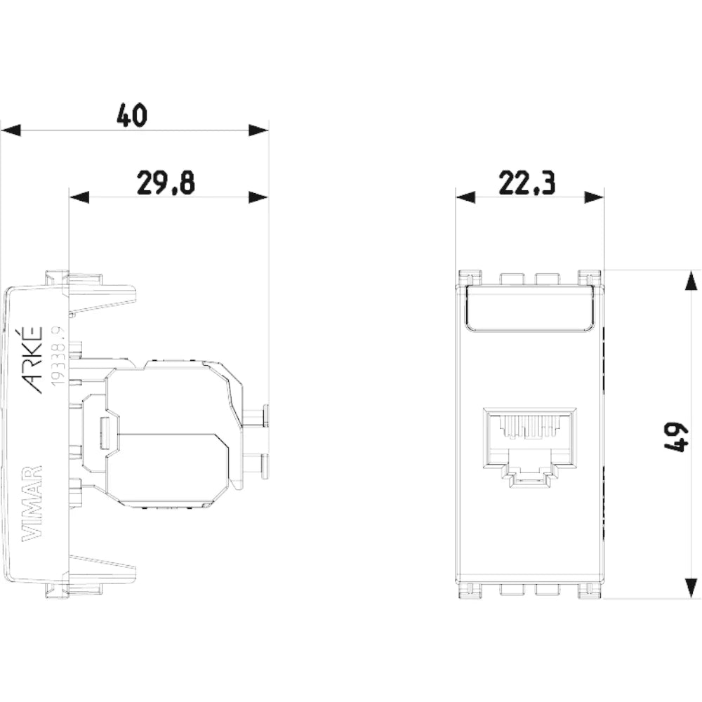 Vimar ARKÉ RJ45 Netsafe Outlet, T568A/B Universal Wiring, 8 Contacts, Tool-Free Insulation-Piercing Terminals