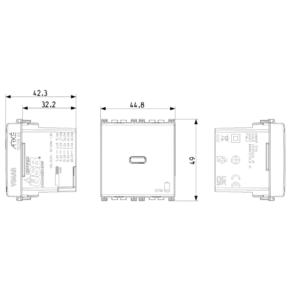 Vimar ARKÉ USB-C Supply Unit, 2 Modules, Power Delivery, 120-240V, Flush Mount