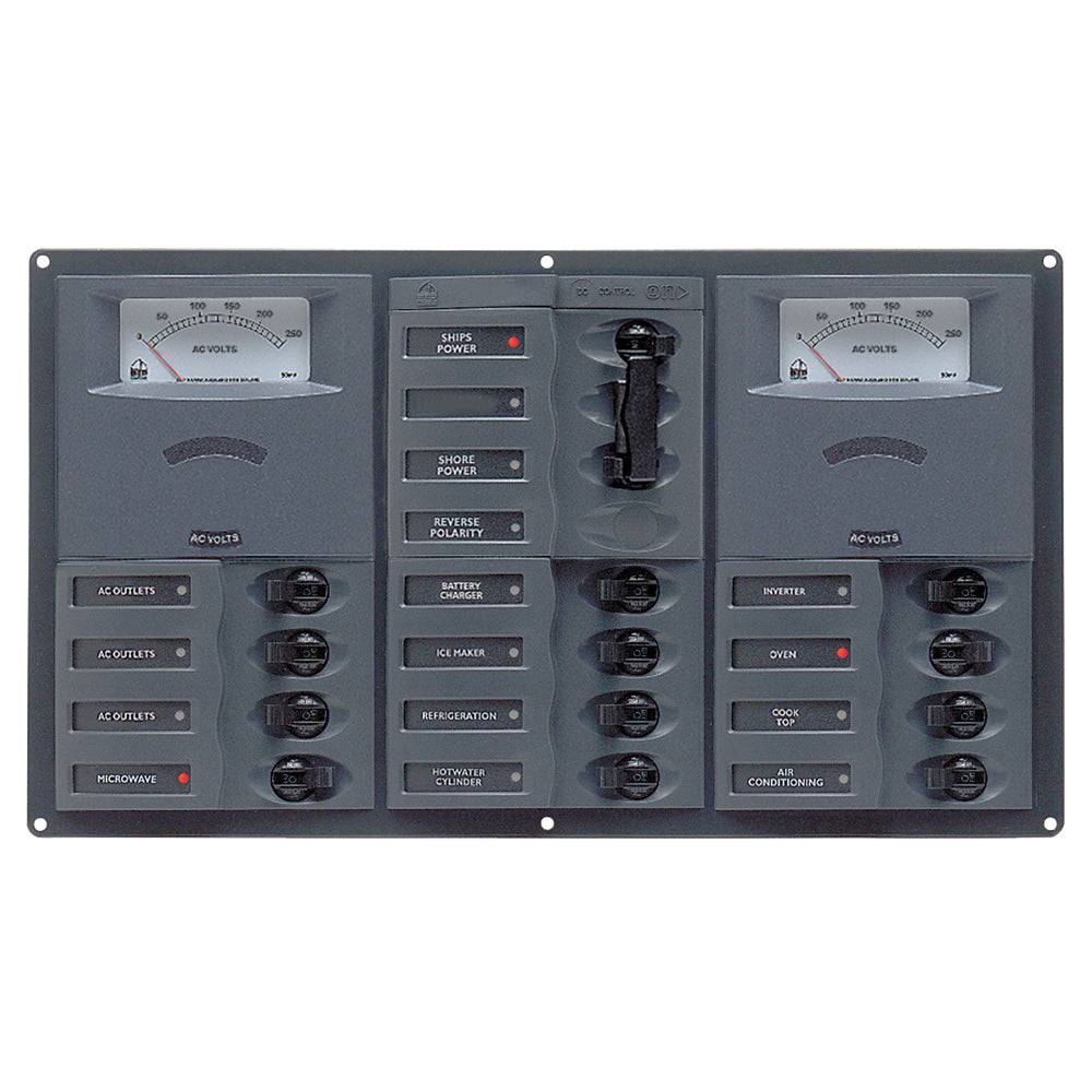 BEP AC Circuit Breaker Panel w/ Analog Meters, 12SP 2DP AC230V Stainless Steel Horizontal 900-AC3-AM