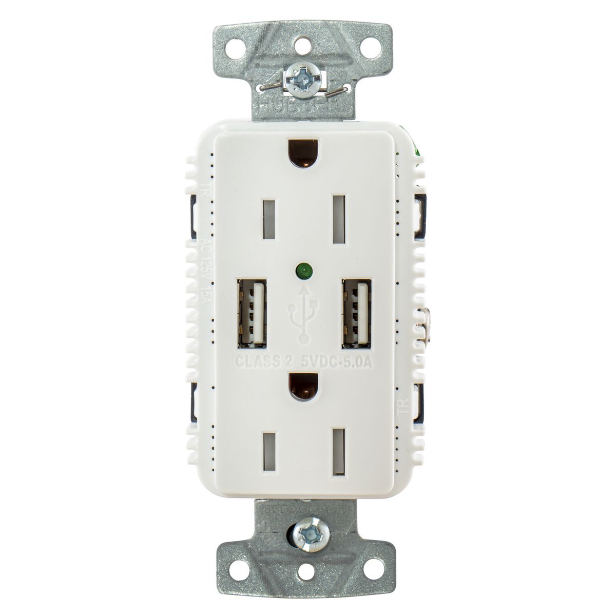 Hubbell USB15A5W White Outlet Dual 15 Amp 125V 2-Pole and Dual 5 Amp 5V USB Ports USB15A5W