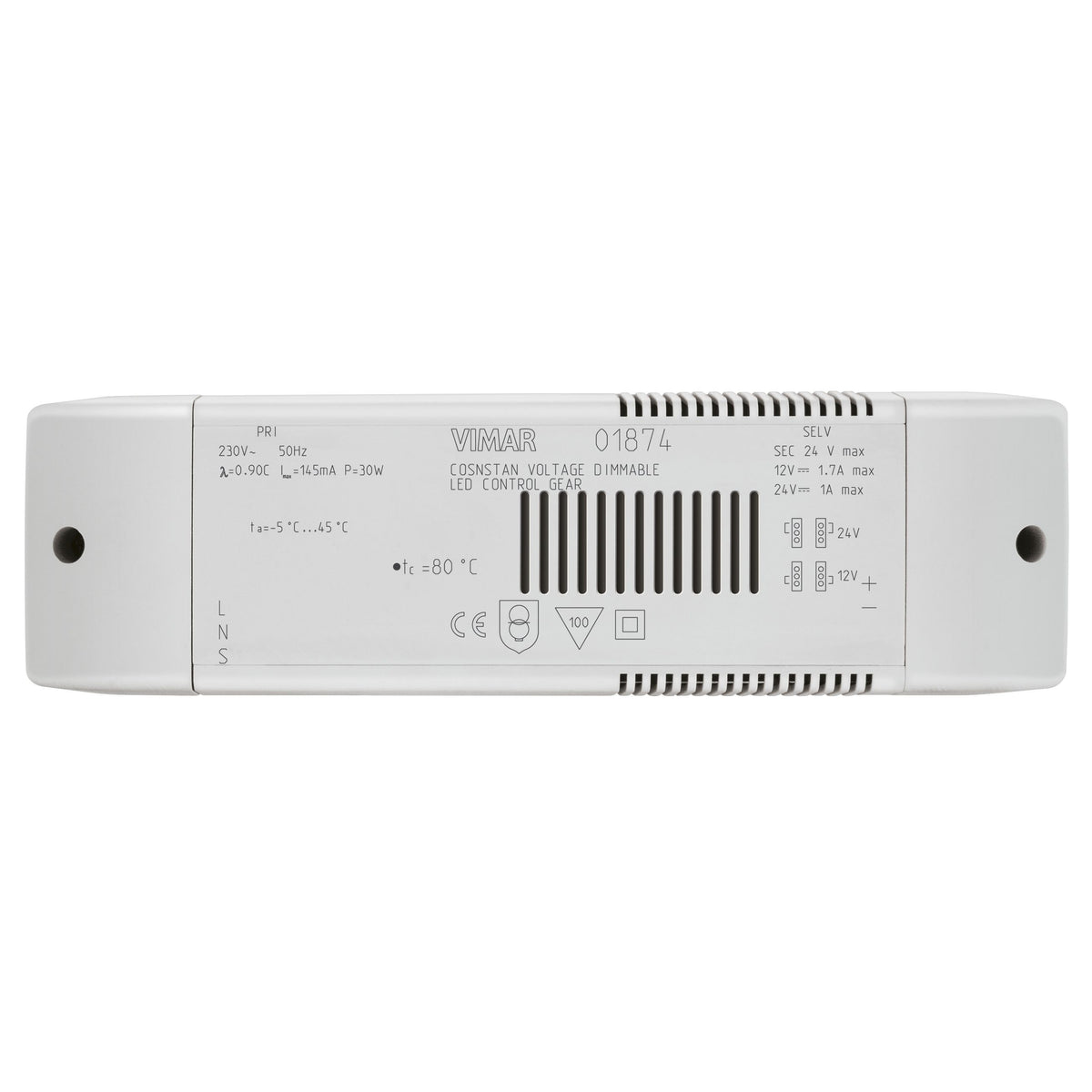 Vimar LED Driver, 12/24V DC, Constant Voltage, 24W, IP20, Dimmable with MASTER Dimmers