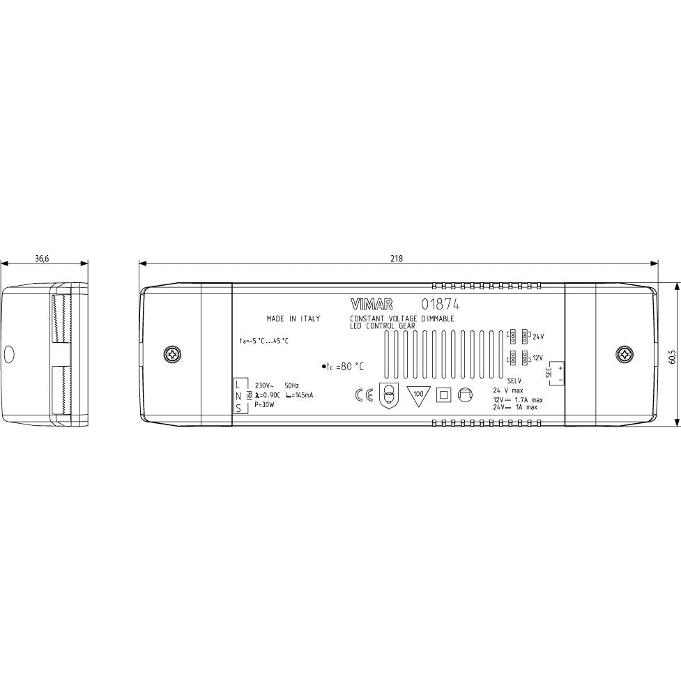 Vimar LED Driver, 12/24V DC, Constant Voltage, 24W, IP20, Dimmable with MASTER Dimmers