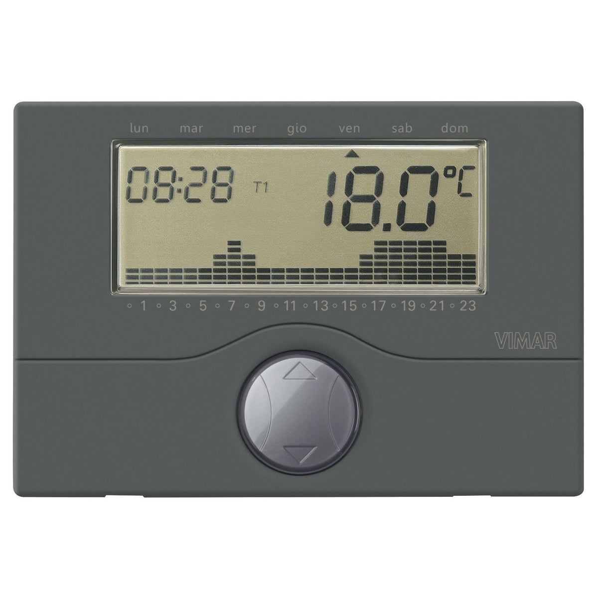 Vimar Surface Battery Timer Thermostat, For Heating and Air-Conditioning Systems, 5(2)A 250V, Daily/Weekly Programming