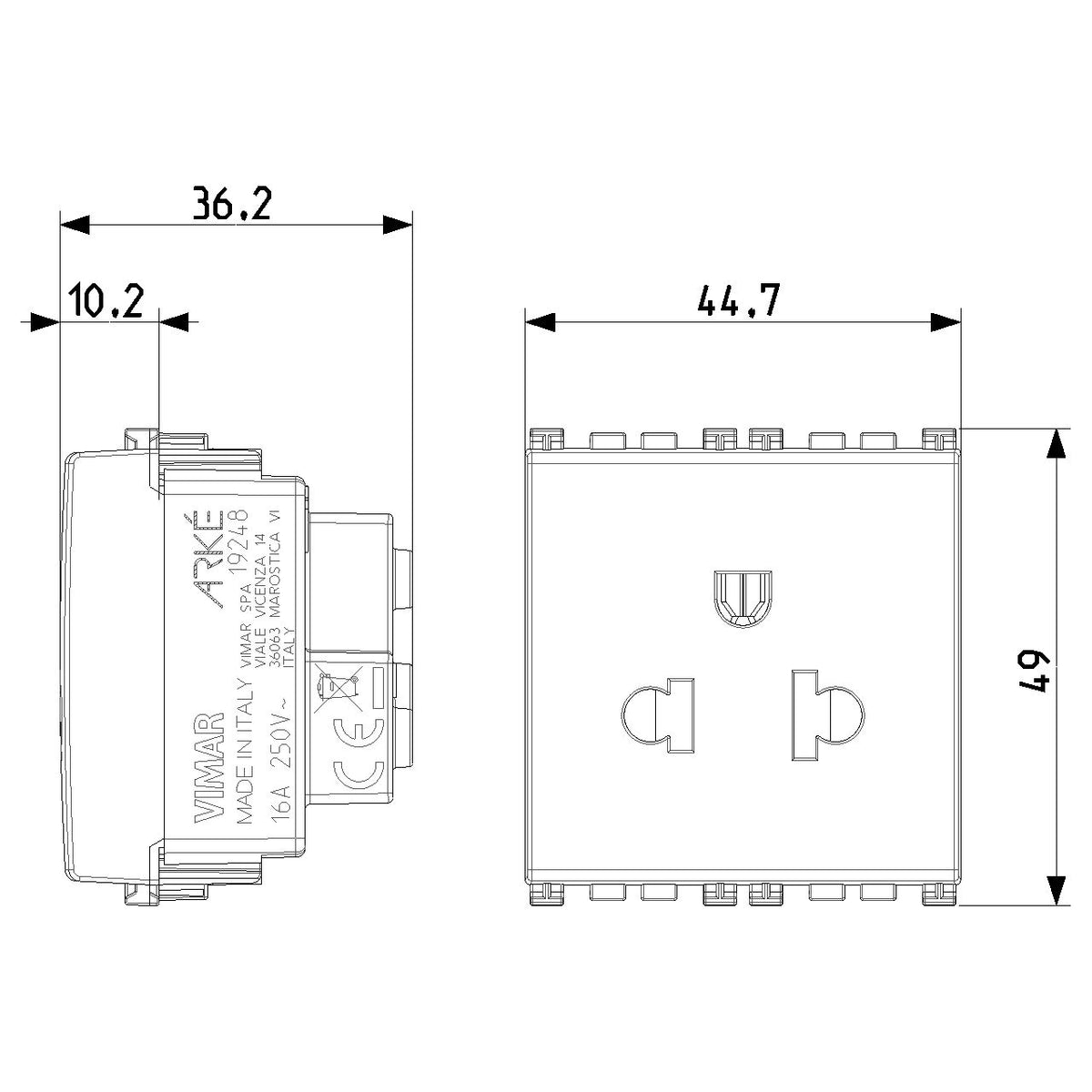 Vimar ARKÉ 2P+E USA+EU SICURY Socket Outlet, 2 Modules, 16A 250V, Flush-Mounted, Screw Terminal, IP20