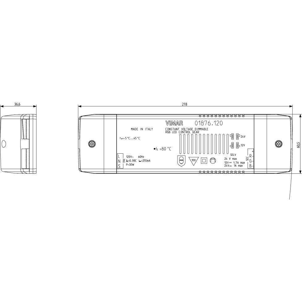 Vimar LED RGB Constant Voltage Driver, For RGB LED Modules, 12/24VDC, 24W, IP20