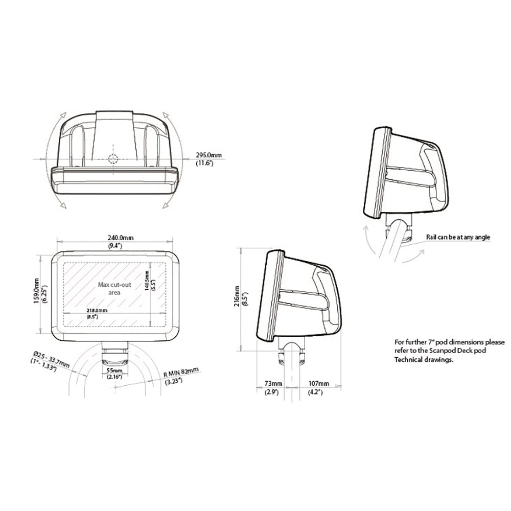 Scanstrut Scanpod 7" Helm Pod Rail Mount - Uncut - Fits 1" - 1.33" Rails SPR-7-RM