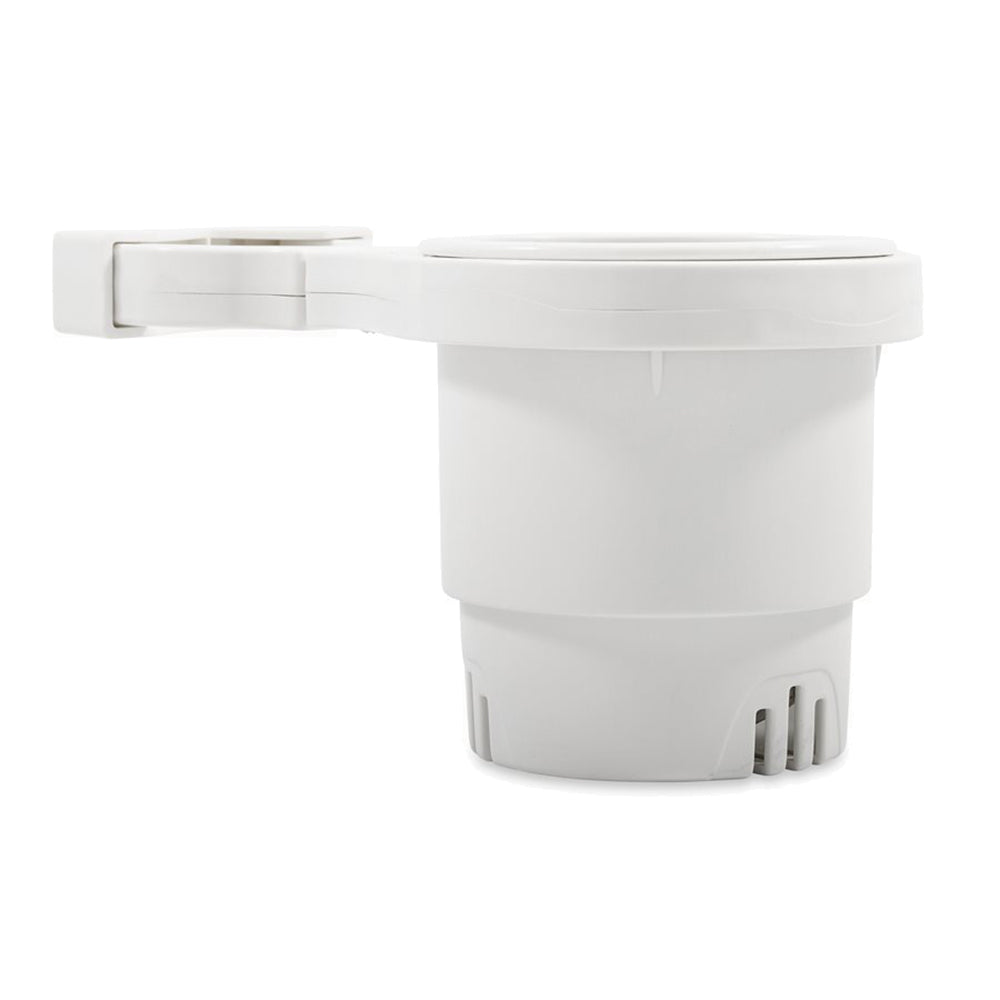 Camco Clamp-On Rail Mounted Cup Holder - Small for Up to 1-1/4" Rail - White 53086