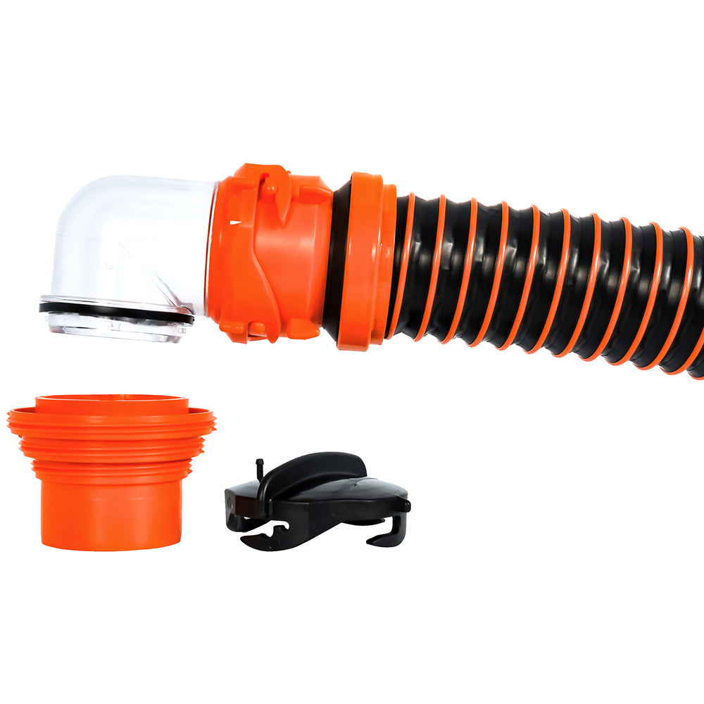 Camco RhinoEXTREME 15' Sewer Hose Kit w/ Swivel Fitting 4 In 1 Elbow Caps 39859