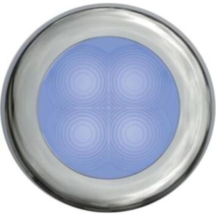 Hella Marine Slim Line Round LED Courtesy Lamp, Blue LED, Chrome Bezel, 12V DC, IP67, 4-LED, 3in Dia, 2in Cutout, 13mm Mounting Depth
