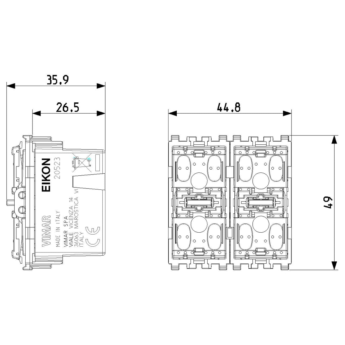 Vimar EIKON 2-Module Two-Rocker Push Buttons, Marine Version, Illuminated, 29V, IP40, Grey (RAL 7024)