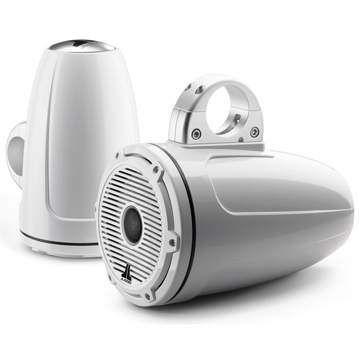 JL Audio M6-770ETXv3 7.7in Enclosed Tower Marine Coaxial Speakers, 100W RMS, 4 Ohm, Pair, Gloss White Enclosure, Gloss White Classic Grille, Black Tweeter Mesh, Mounting Clamps Sold Separately