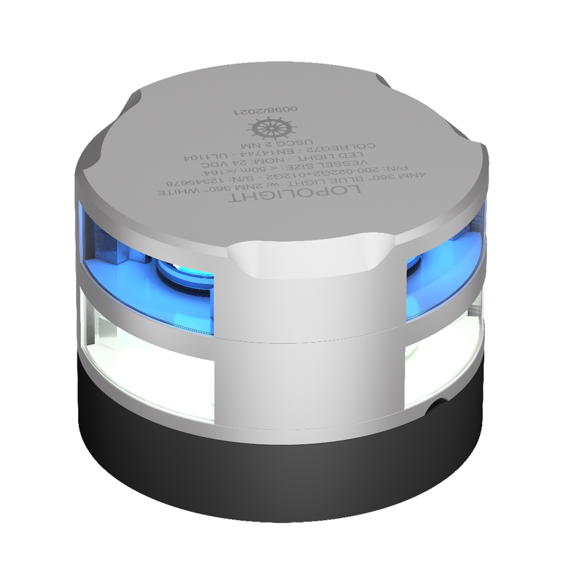 Lopolight 360 Degree Navigation Light, Blue Dinner and White Lights, 2nm, 10-32VDC, IP68, Horizontal Mount, Black HDPE Base