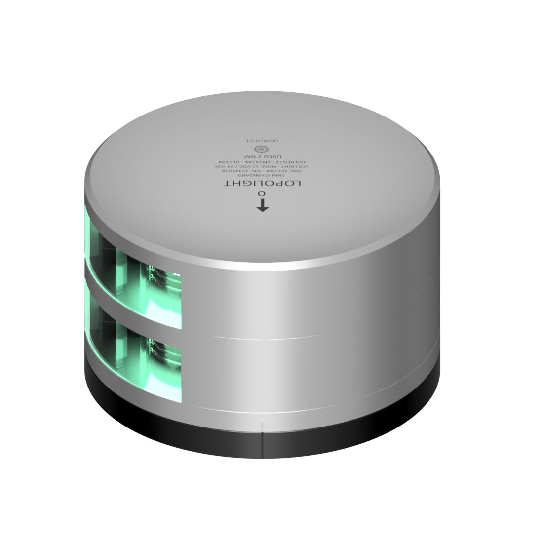 Lopolight 301-008 Starboard Sidelight, Green Light, 2NM Visibility, 10-32VDC, IP68, Horizontal Mount, FB Flat Base, 2.5m Cablev