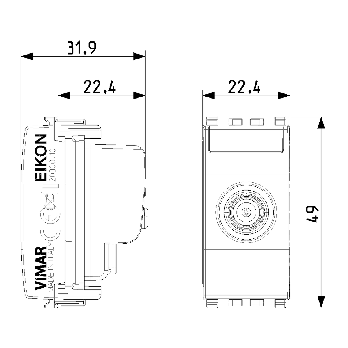 Vimar Eikon TV-RD-SAT Coaxial Socket Outlet, 5-2400 MHz, Male Connector