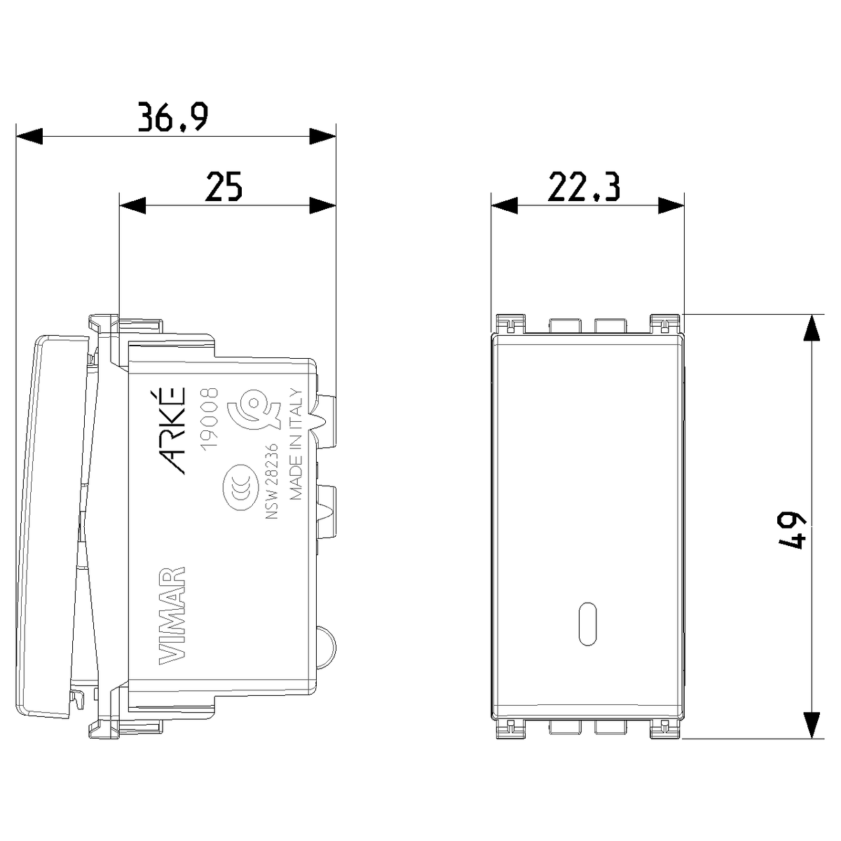 Vimar Arké Push Button, 1P NO, 10A 250V, Lightable, IP40