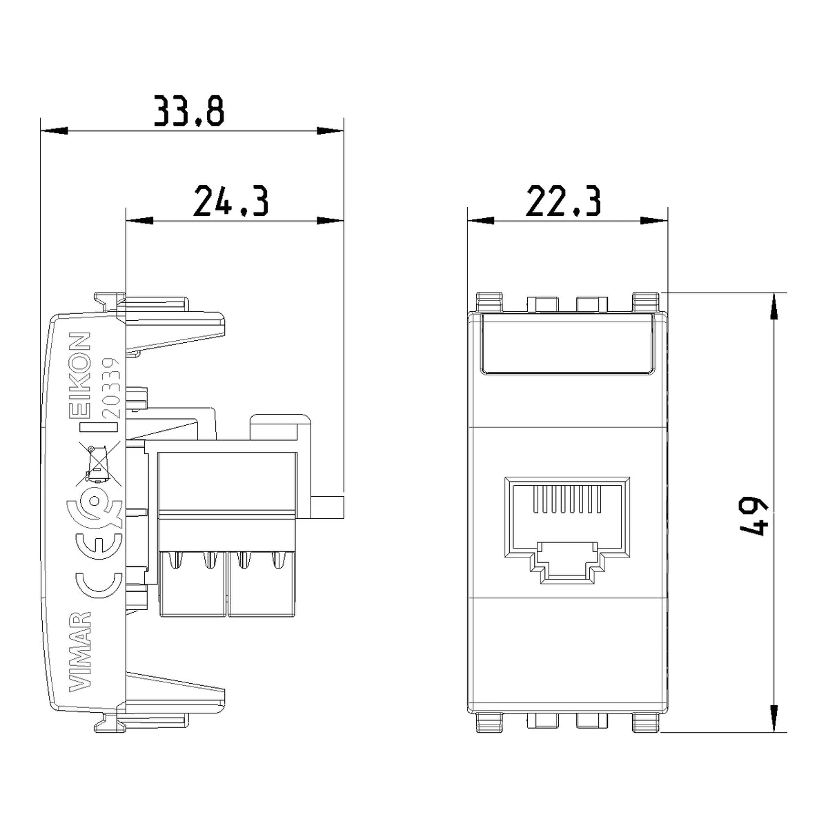 Vimar EIKON RJ45 Netsafe Outlet, T568A/B, Insulation-Piercing Terminals
