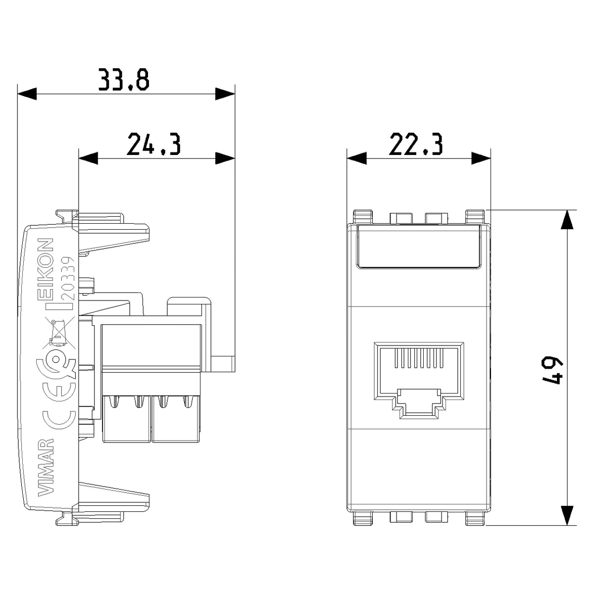 Vimar EIKON RJ45 Netsafe Outlet, T568A/B, Insulation-Piercing Terminals