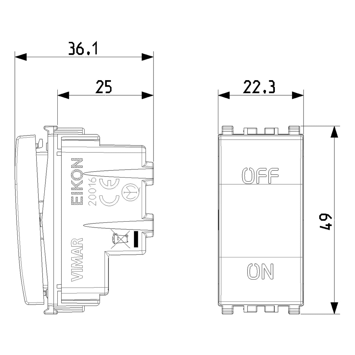 Vimar Eikon 2P 1-Way Switch, 20AX, 250V, IP40, Lightable