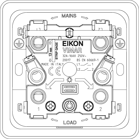 Vimar Eikon 2P 32A 1-Way Switch, For British Standard Mounting Boxes, 250V, 3-Module, IP40