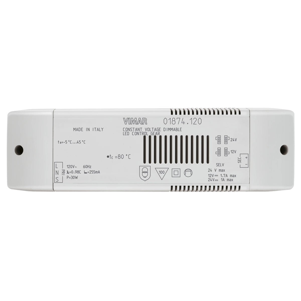Vimar LED Driver, 12/24V DC, Constant Voltage, 24W, IP20, Dimmable with MASTER Dimmers