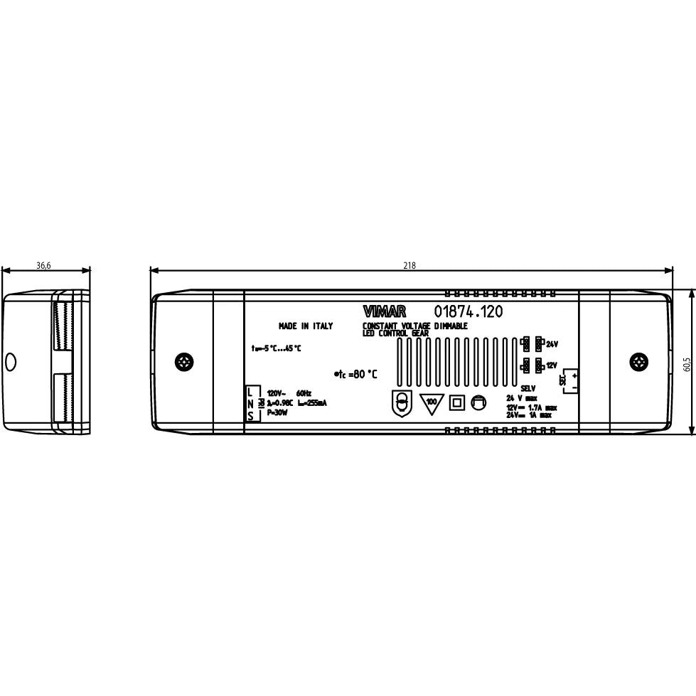 Vimar LED Driver, 12/24V DC, Constant Voltage, 24W, IP20, Dimmable with MASTER Dimmers