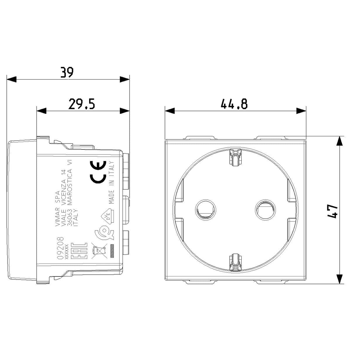 Vimar Neve Up German Standard SICURY Socket Outlet, 2P+E, 16A, 250V, 2 Modules