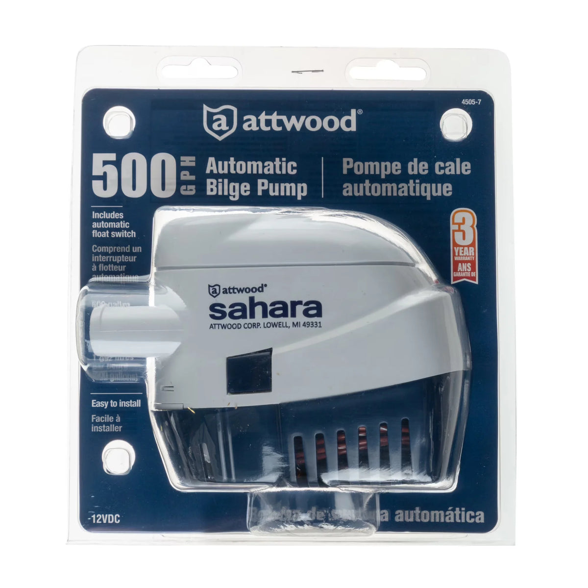 Attwood Marine Sahara S500 Automatic Bilge Pump, 12V, 500 GPH, 3/4 in Outlet