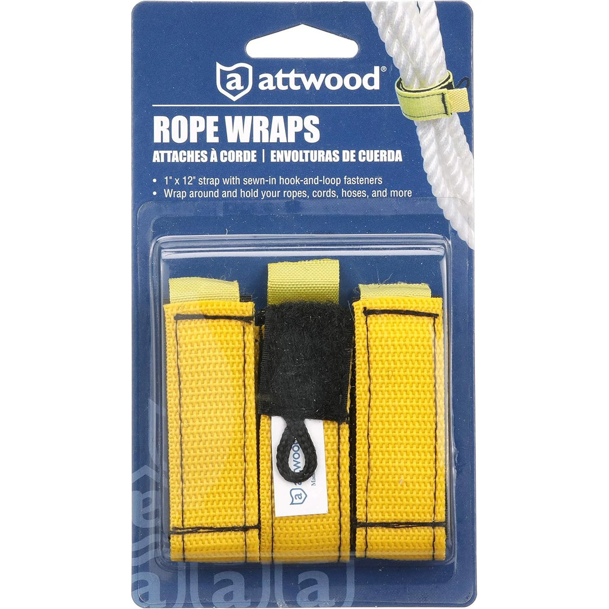 Attwood Marine Rope Wraps, 1 in x 12 in, 3pk, Hook-and-Loop