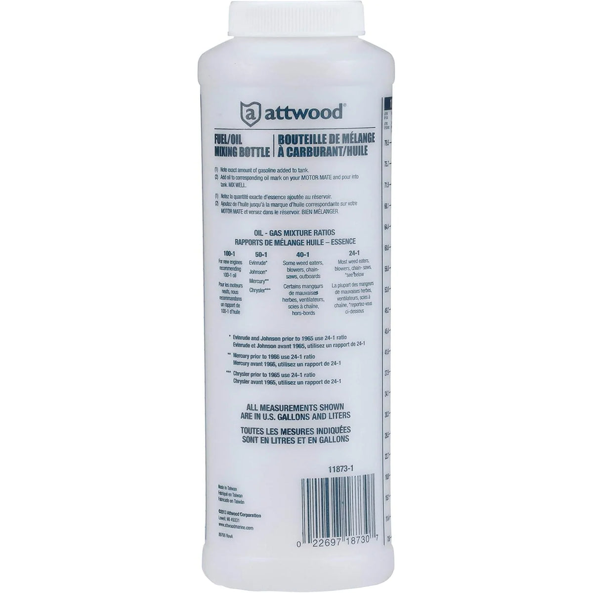 Attwood Marine Fuel/Oil Mixing Bottle, For 2-Cycle Engines, 1 Qt, Wide-Mouth