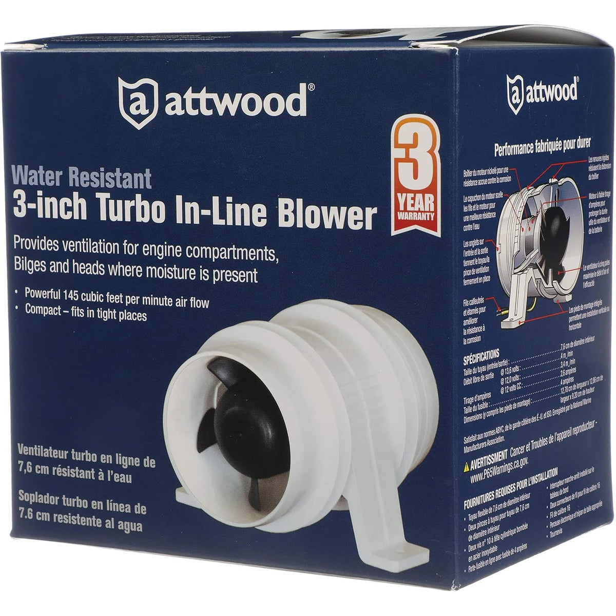 Attwood Marine Turbo 3000 Series Water-Resistant In-Line Bilge Blower, 3 in, 12V, 145 CFM, White Housing