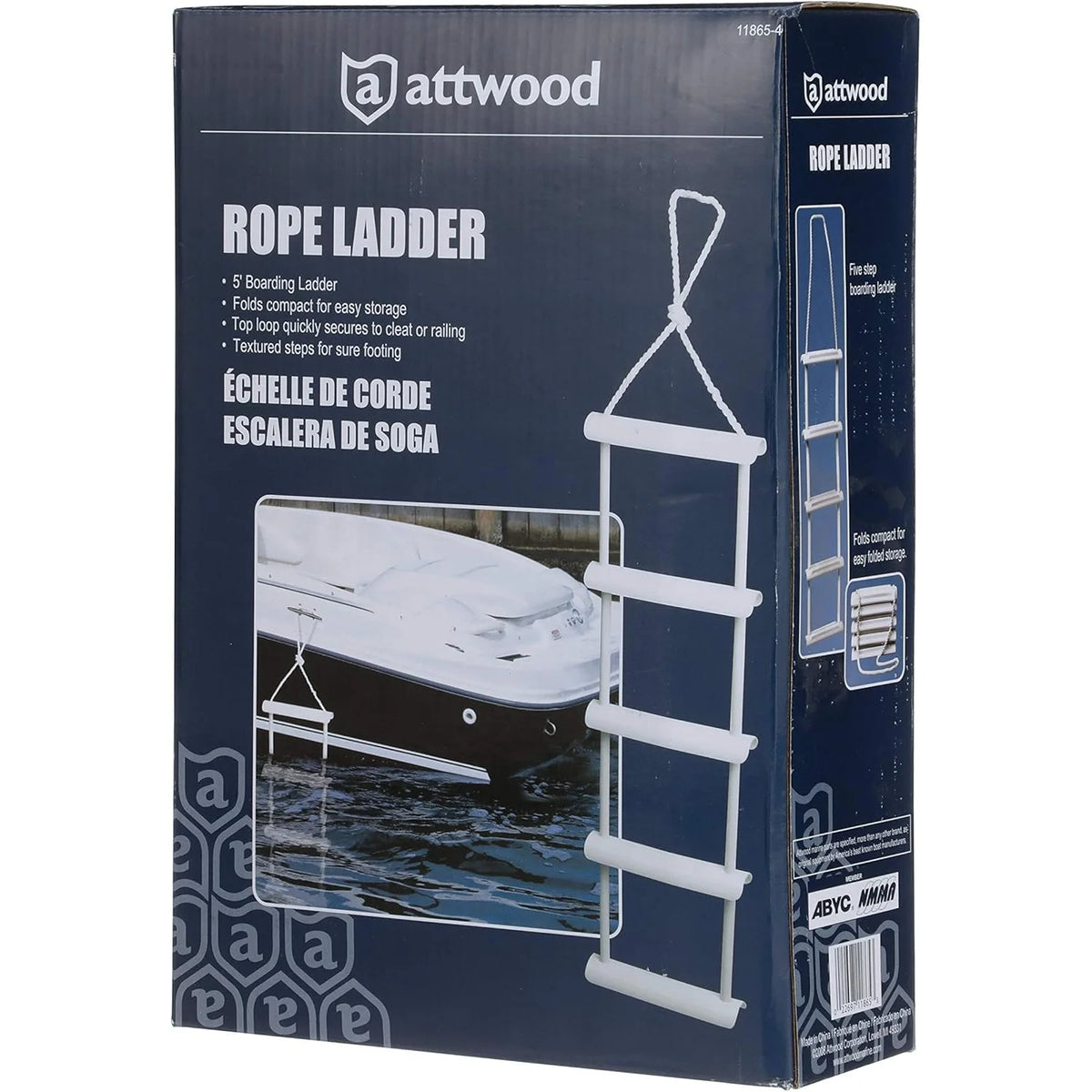 Attwood Marine Rope Ladder, 5-Step, 11-3/4 in Blow-Molded Steps, Cleat or Railing Mount, Fold-Flat
