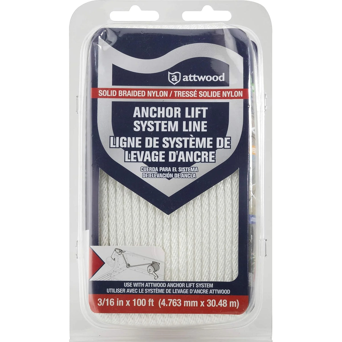 Attwood Marine Braided Nylon Rope, 3/16 in x 100 ft, White