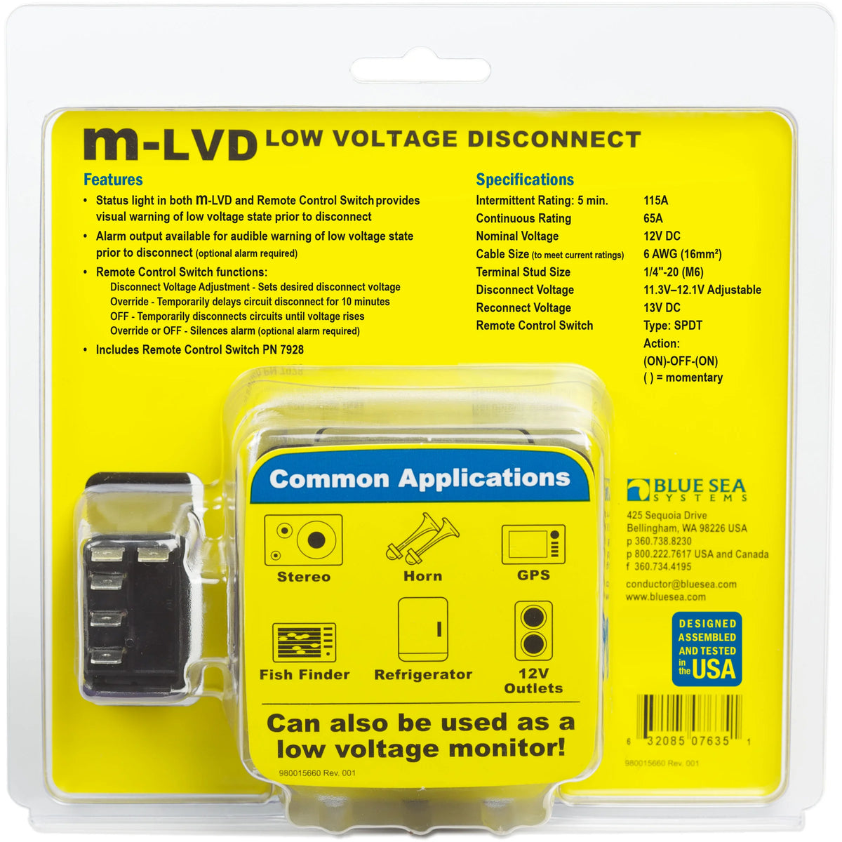 Blue Sea Systems m-LVD Low Voltage Disconnect, 12V, 65A, IP67
