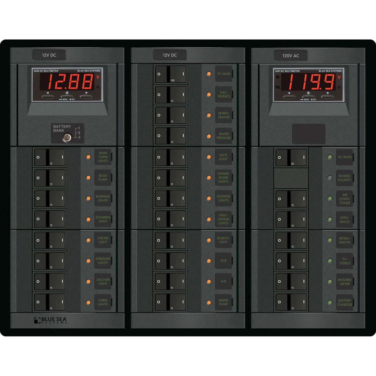 Blue Sea Systems 360 Panel Combination Circuit Breaker Panel, 120V AC/12V DC, 6 AC + 19 DC Positions, AC & DC Digital Meters