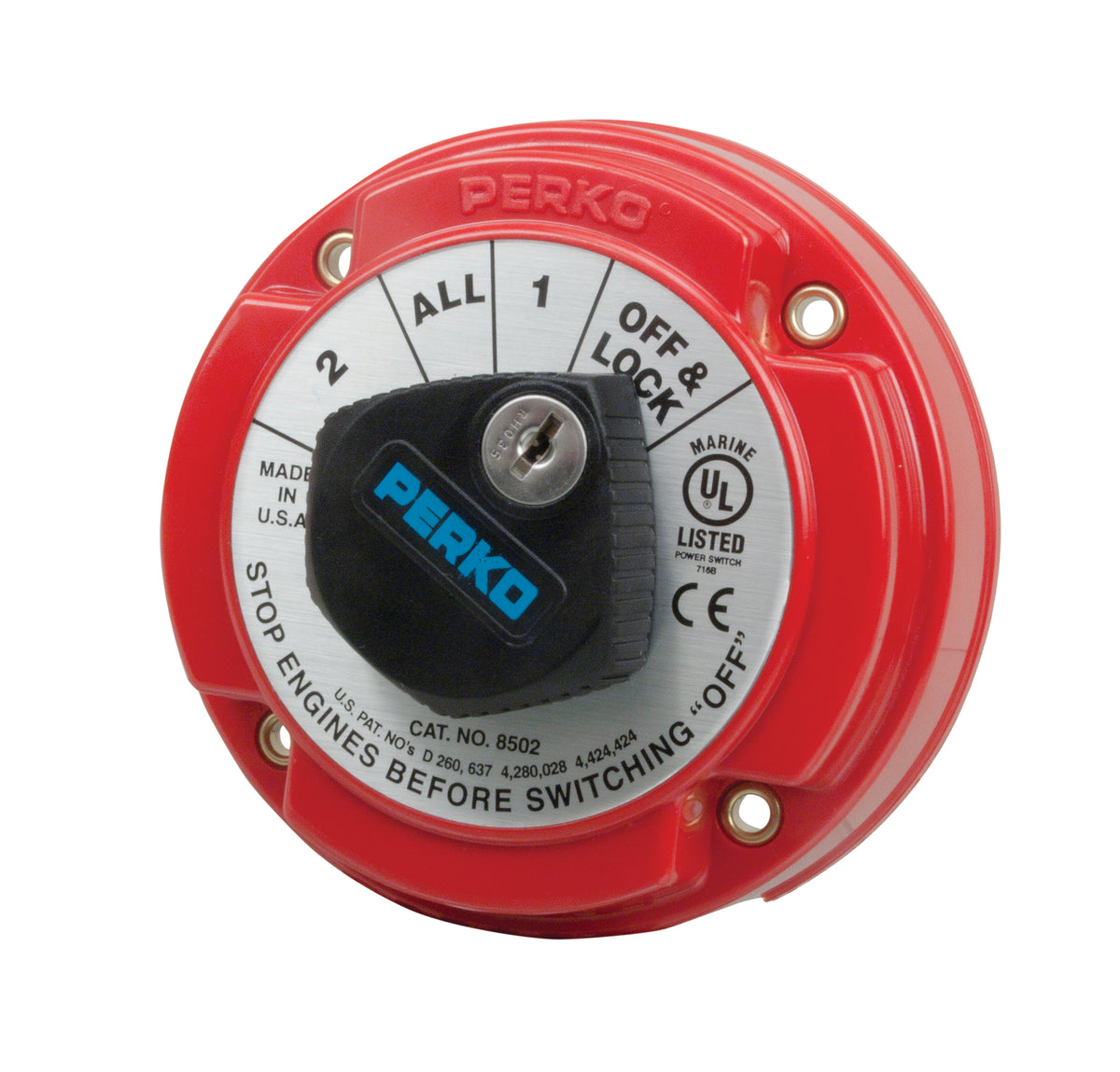 Perko Medium Duty Battery Selector Switch with Key Lock, 6-32VDC, 250A Continuous, Ignition Protected