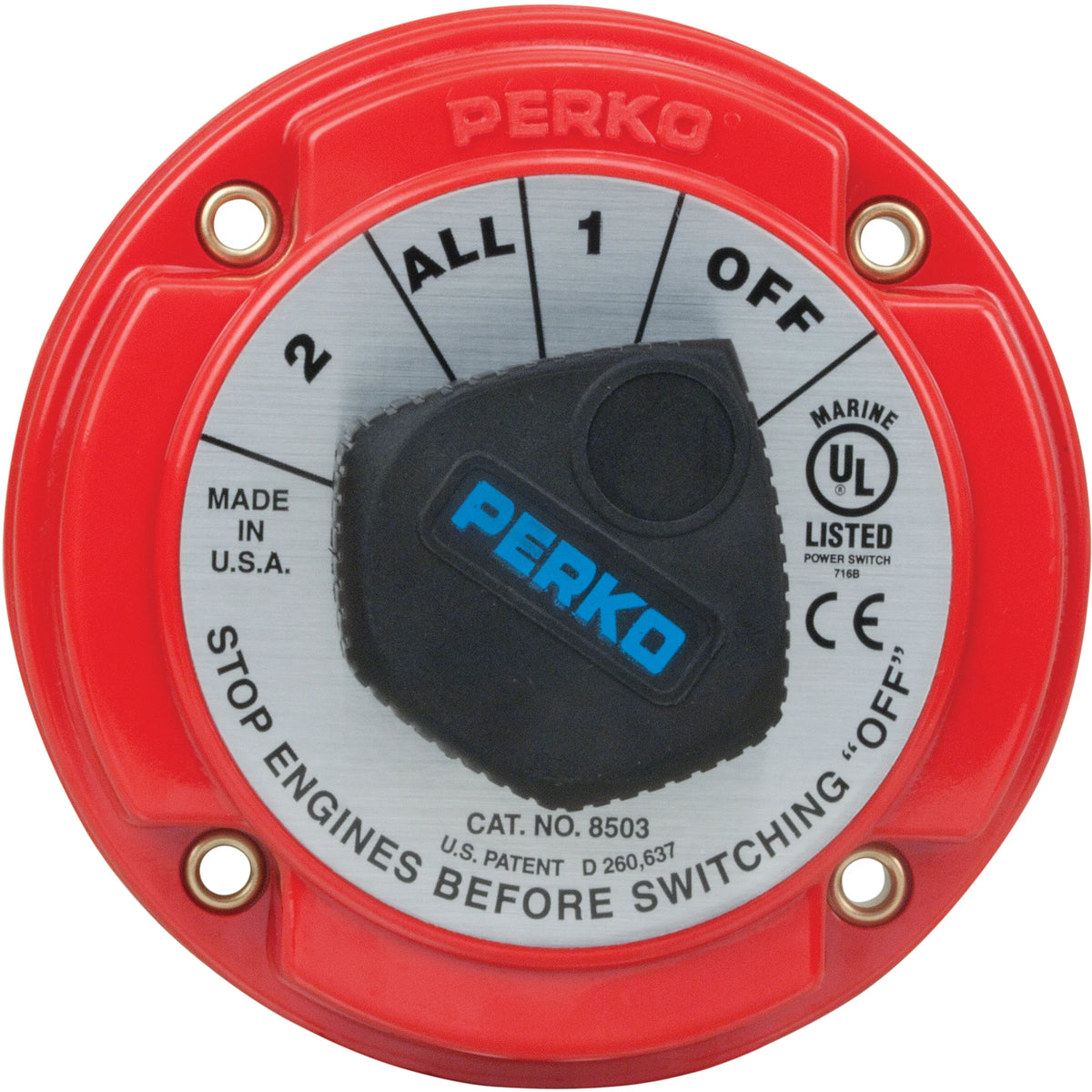 Perko Medium Duty Battery Selector Switch with Alternator Field Disconnect, No Key Lock, 6-32V, 250A Continuous, Ignition Protected