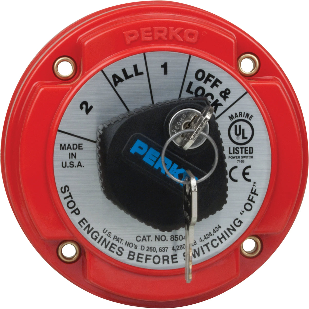 Perko Medium Duty Battery Selector Switch, 6-32V, 250A Continuous, Alternator Field Disconnect, Key Lock