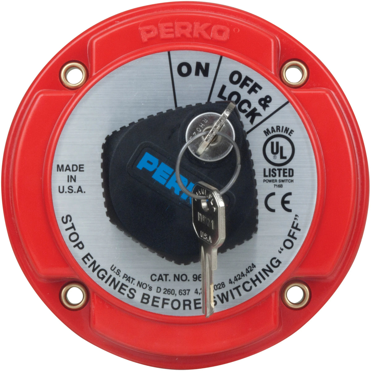 Perko 9601 Series Medium Duty Main Battery Disconnect Switch, 6-32V, 250A, Ignition Protected, Alternator Field Disconnect, Key Lock