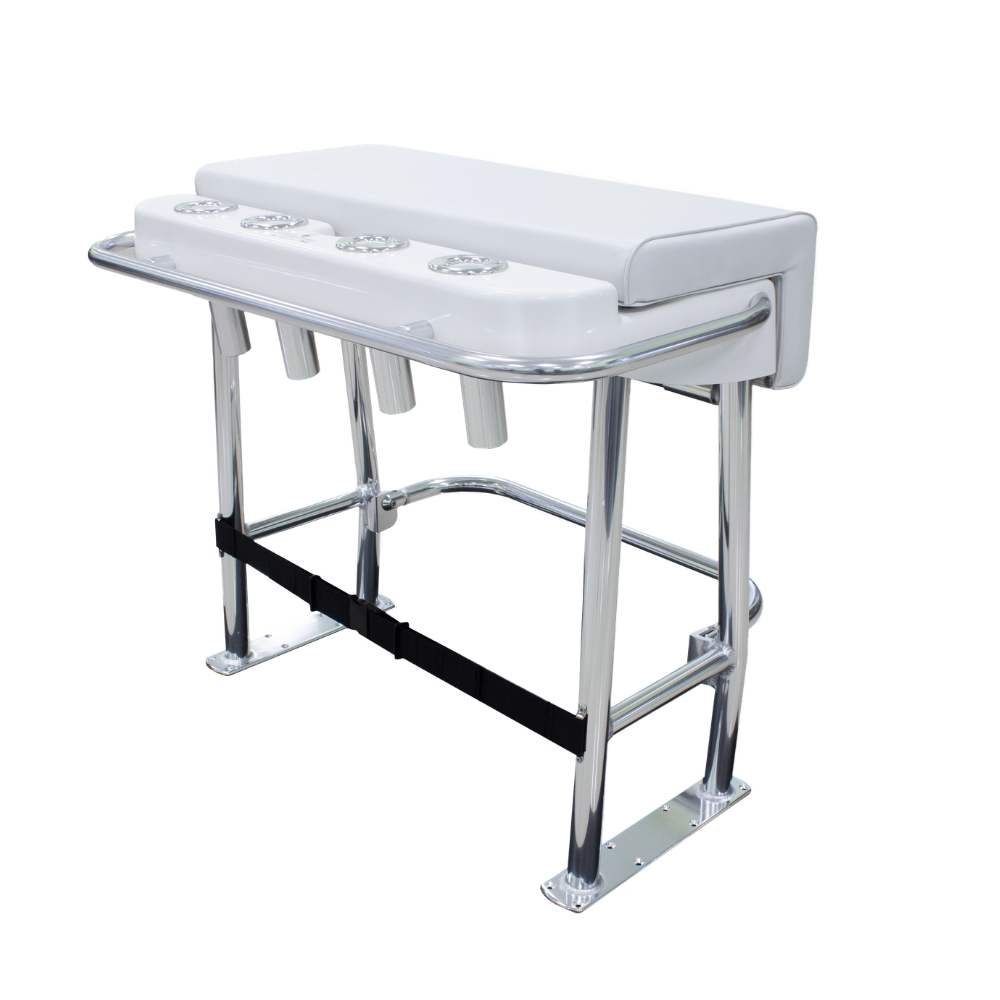 TACO Marine Neptune Premium Leaning Post, For Boats up to 30 ft, 33-1/2 x 39 x 27 in, 15-1/2 x 35 in Footprint, 4 Flush-Mount Rod Holders, Folding Footrest, 72qt Cooler Storage
