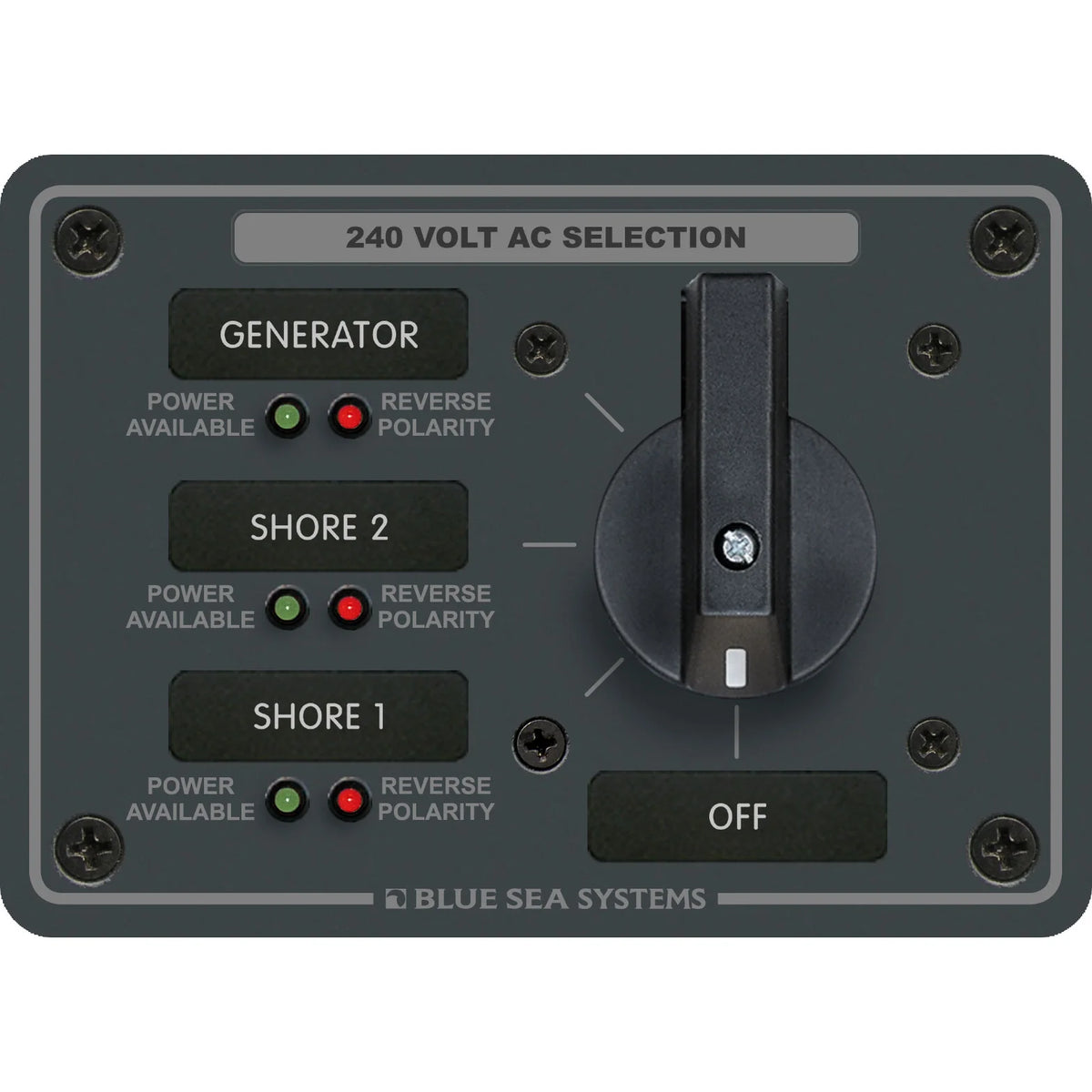 Blue Sea Systems Traditional Metal AC Rotary Switch Panel, Source Selector, Reverse Polarity and Power LEDs