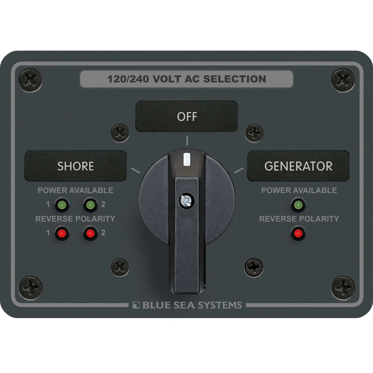 Blue Sea Systems Traditional Metal AC Rotary Switch Panel, Source Selector, Reverse Polarity and Power LEDs