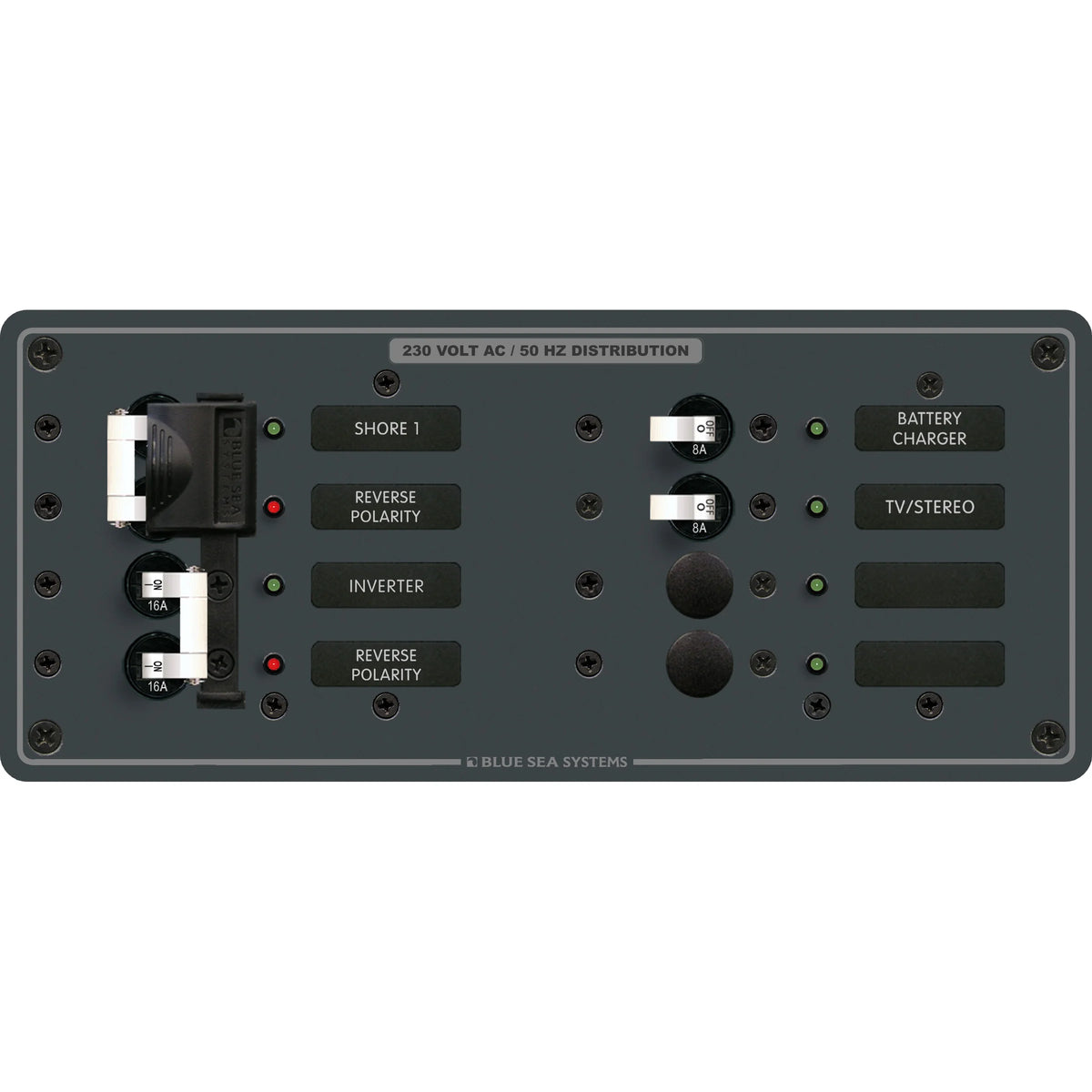 Blue Sea Systems Traditional Metal AC Main Source Selector Panel, Lockout Slide, Reverse Polarity LED
