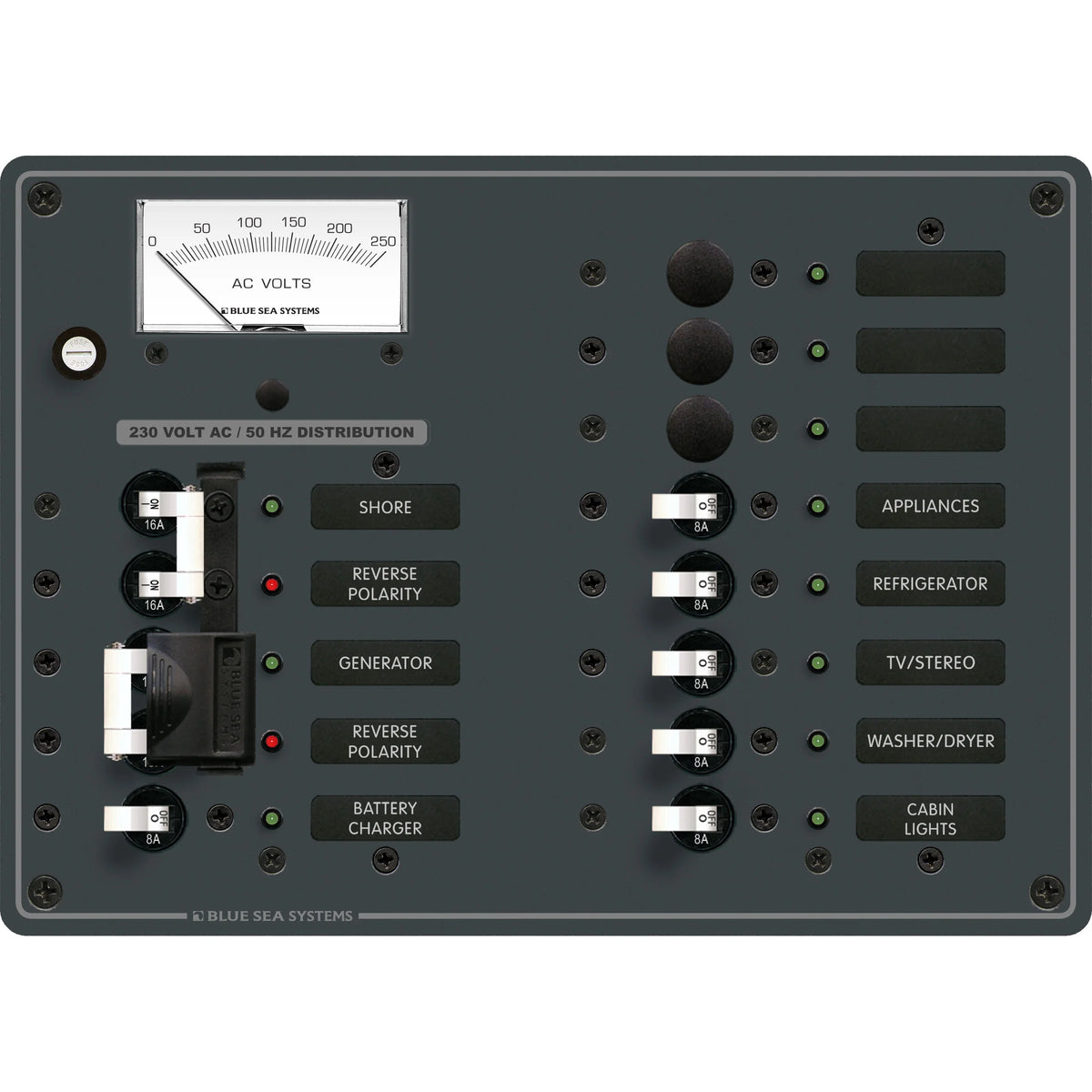 Blue Sea Systems Traditional Metal AC Main Source Selector Panel, Lockout Slide, Reverse Polarity LED