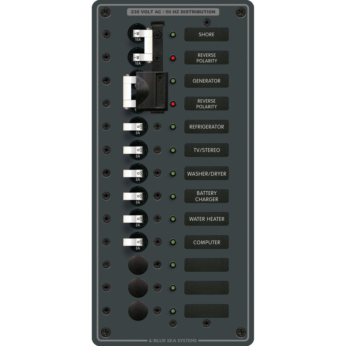 Blue Sea Systems Traditional Metal AC Main Source Selector Panel, Lockout Slide, Reverse Polarity LED