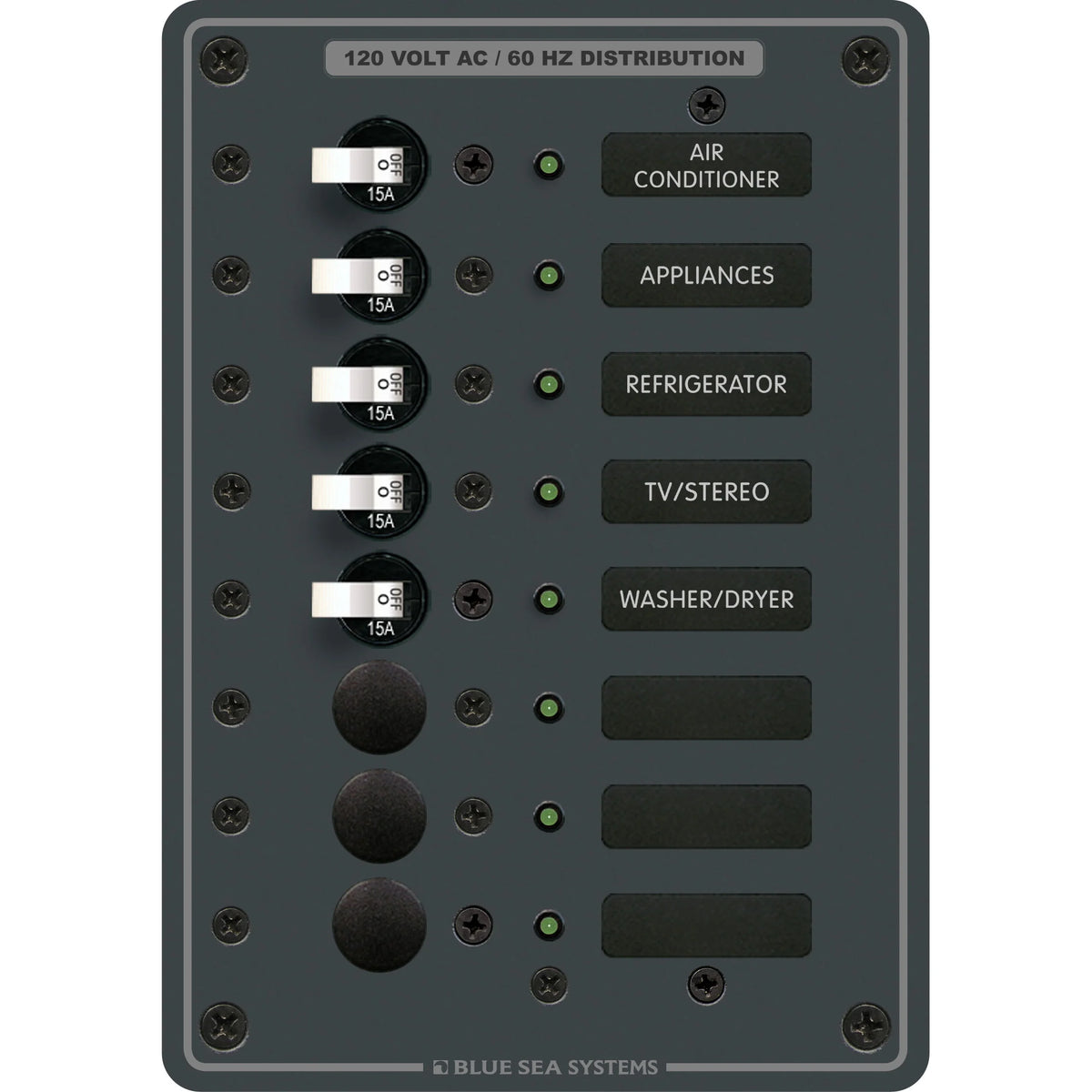 Blue Sea Systems Traditional Metal AC Branch Circuit Breaker Panel, 100A Max, Backlit Labels