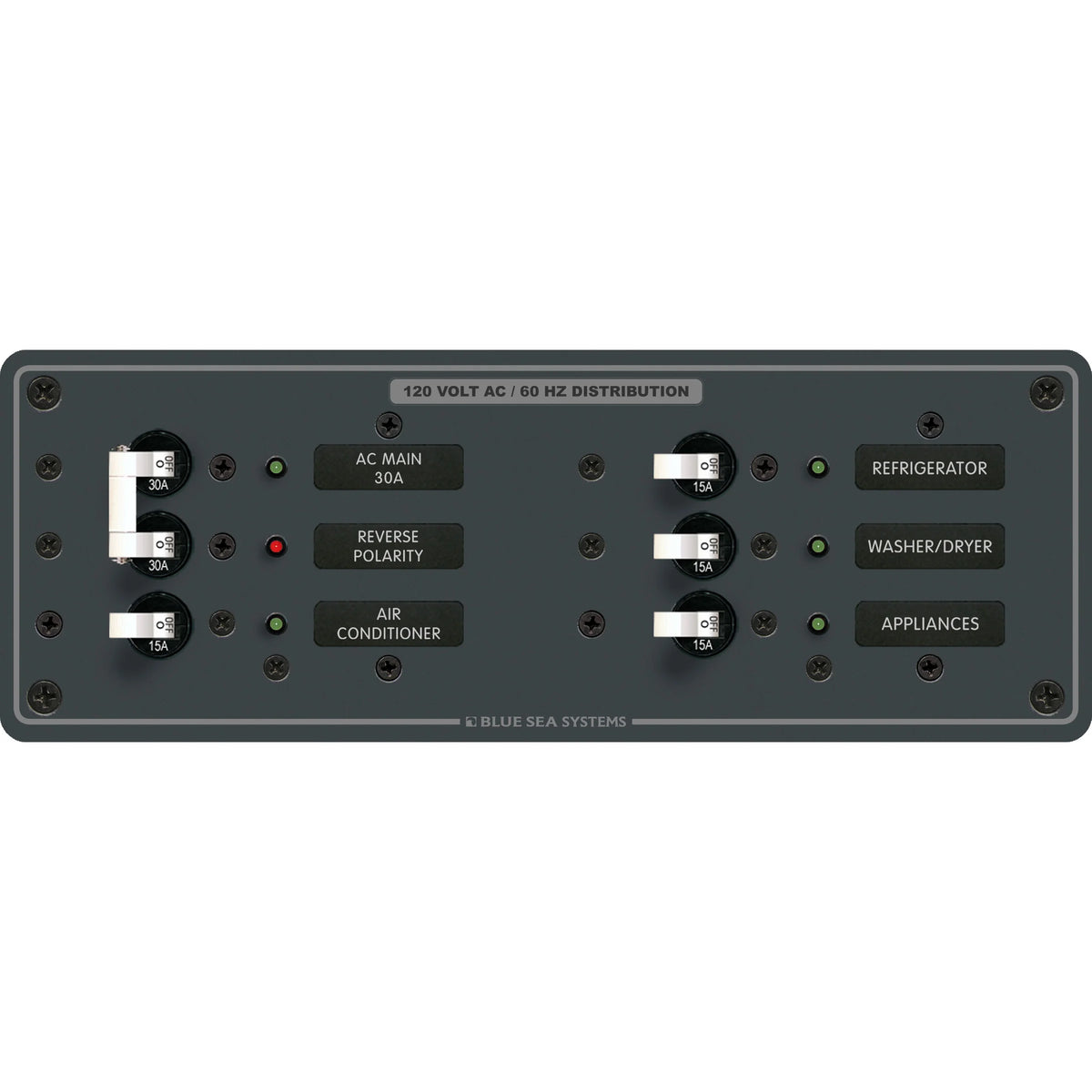 Blue Sea Systems Traditional Metal AC Main Circuit Breaker Panel, 120V AC, White Toggle Breakers, Non-Metered