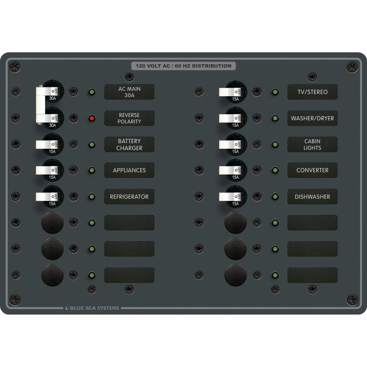 Blue Sea Systems Traditional Metal AC Main Circuit Breaker Panel, 120V AC, White Toggle Breakers, Non-Metered