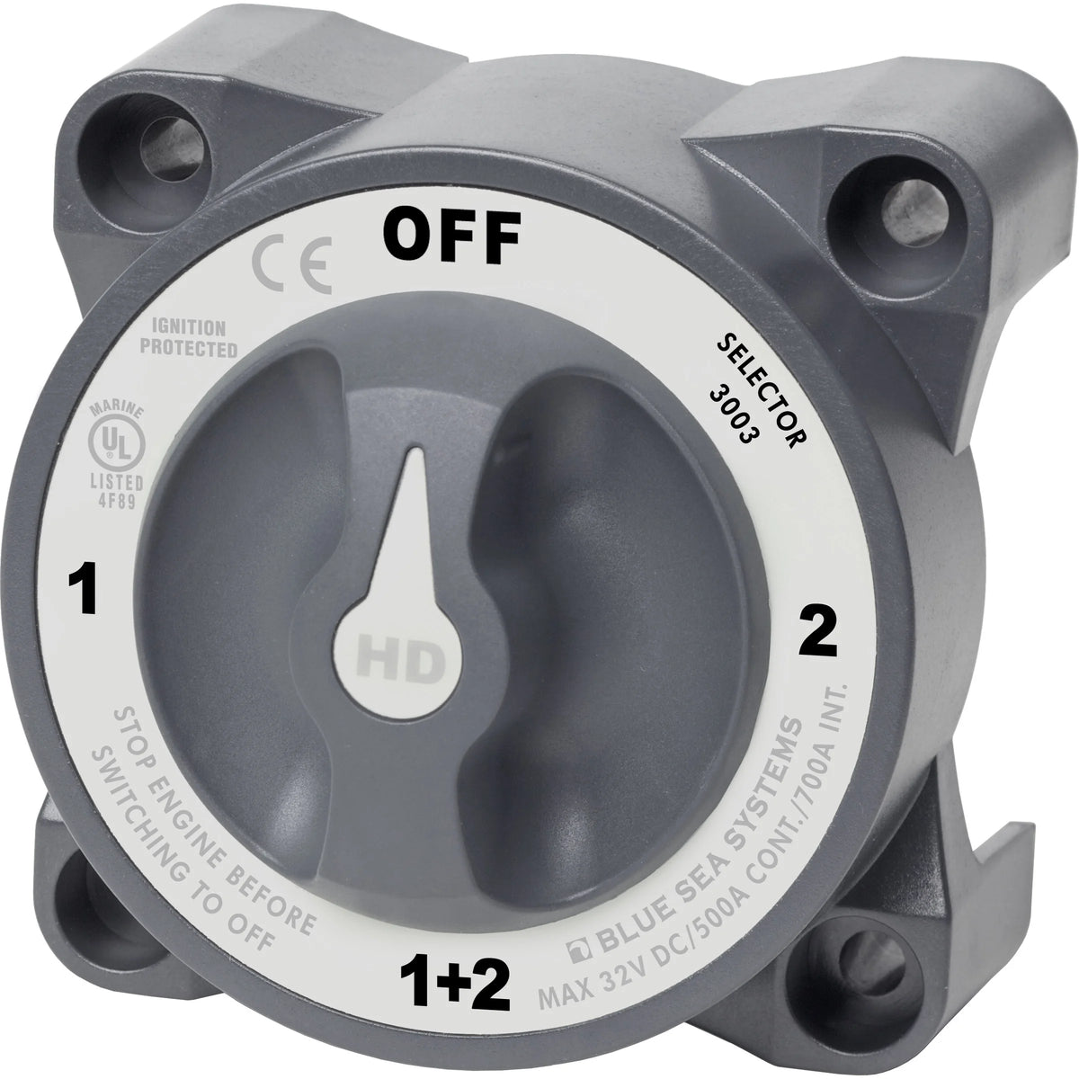 Blue Sea Systems HD-Series Heavy Duty Battery Switch, 32V DC, IP66, Ignition Protected, 4/0 AWG Cable, 1/2 in Studs