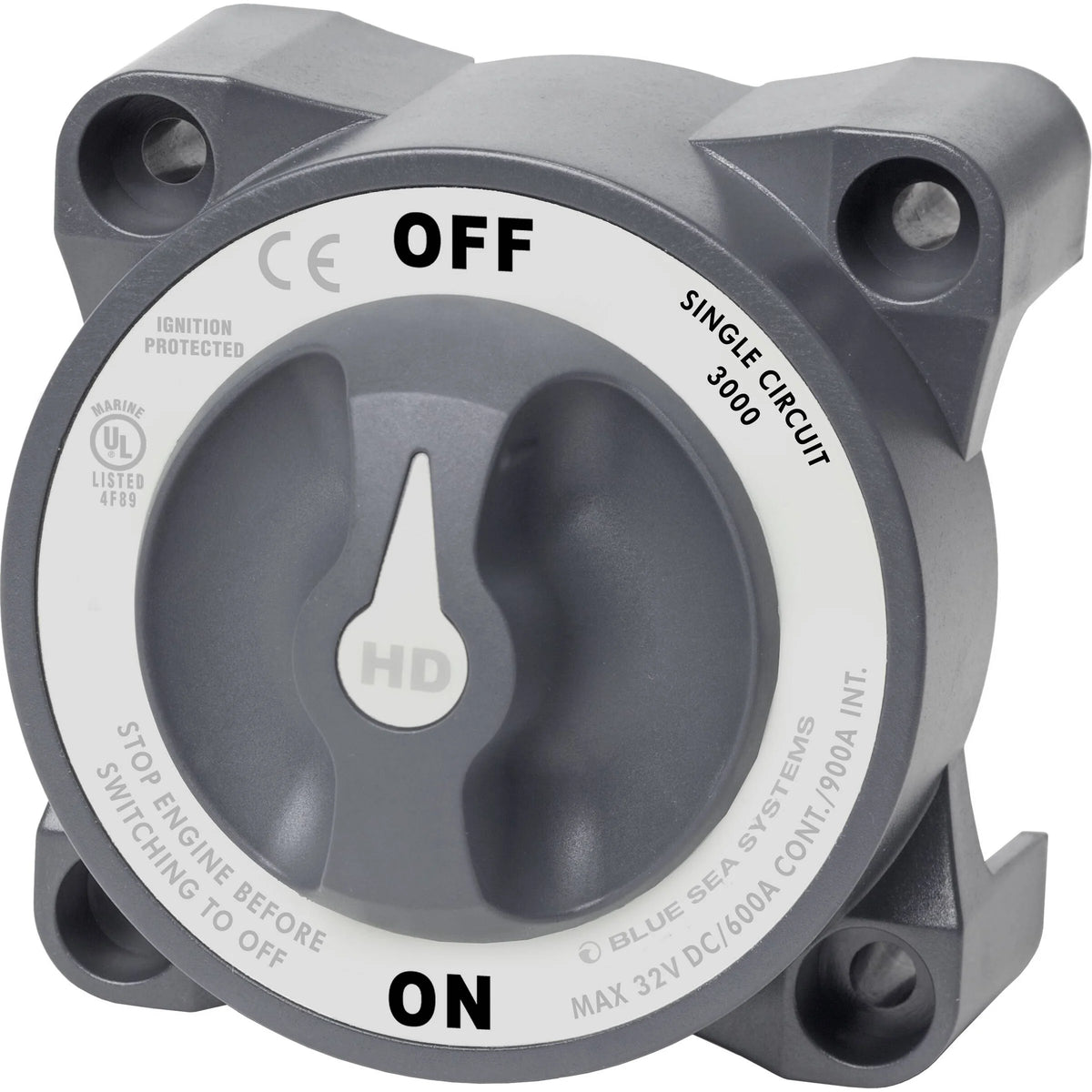 Blue Sea Systems HD-Series Heavy Duty Battery Switch, 32V DC, IP66, Ignition Protected, 4/0 AWG Cable, 1/2 in Studs