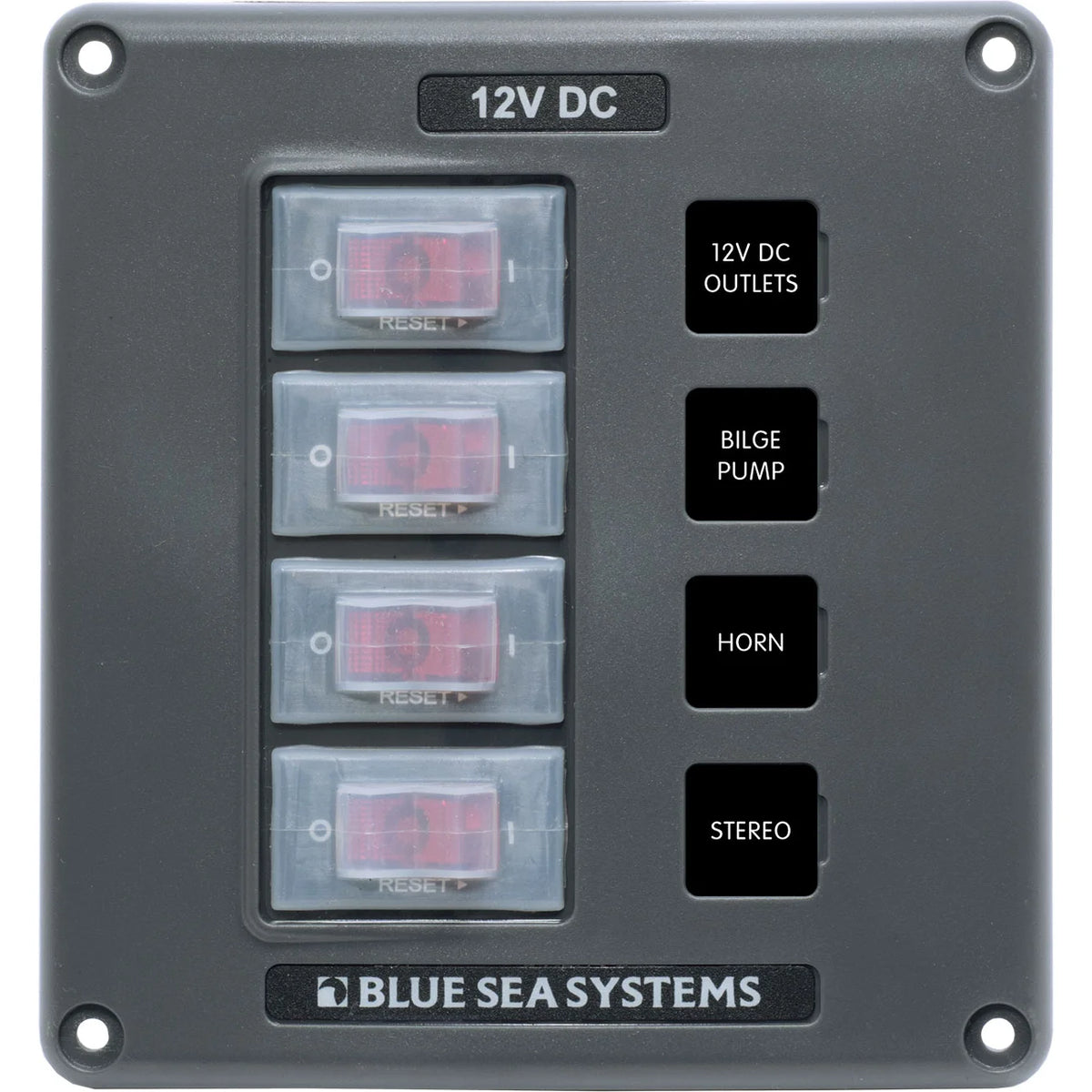 Blue Sea Systems Water-Resistant Circuit Breaker Switch Panel, 12V DC, Illuminated 15A Breakers, Exposed Mount